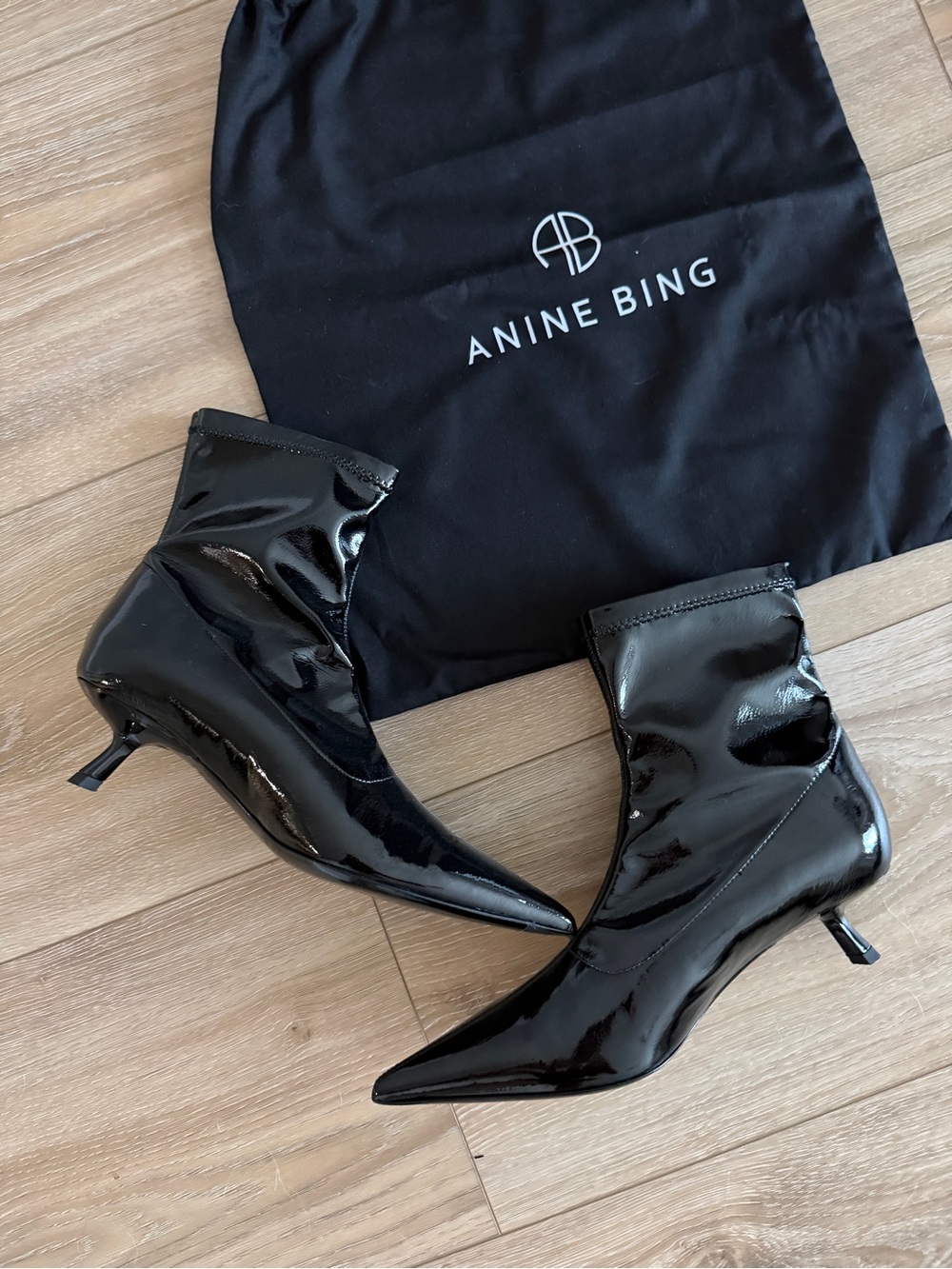 Anine Bing Black Patent Hilda Boots Pointed Kitten-Heel Ankle